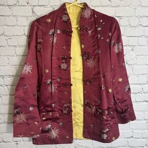 VTG Reversible Asian‎ Silk Jacket Pink/Yellow Frog Buttons BPC Hang Zhou Size M